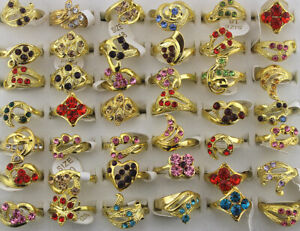Wholesale Lots 40pcs Mixed Colorful Rhinestone Ring Gold P Women Fashion Rings