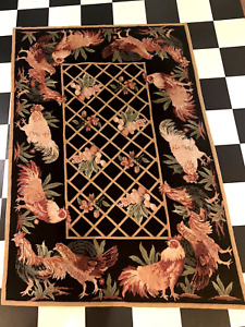 Vintage Needlepoint Area Rug Tapestry Roosters French Country Farmhouse Decor