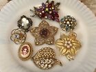 Eight Vintage Brooches Rhinestones Faux Pearls Glamour Girl Lot
