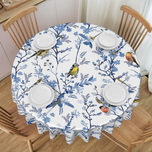 Floral Navy Blue Bird White Spring Flower Round Tablecloth 60 Inch Dining New