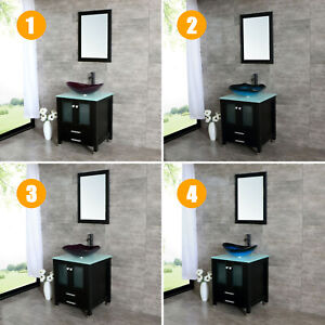 24'' Black Bathroom Vanity Glass Vessel Sink Faucet Drain w/ Countertop & Mirror