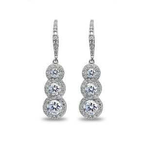 Three Stone 925 Silver Dangle Leverback Earrings Made with AAA Zirconia