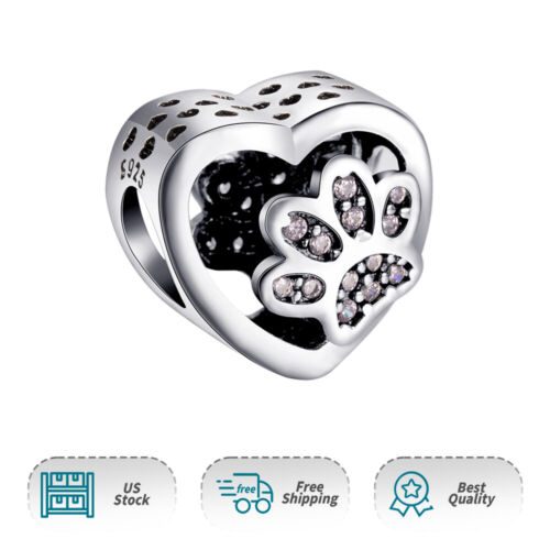 Authentic Heart-shaped Paw Print Charm 925 Sterling Silver Women Bracelet Charm