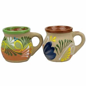 New ListingSet of 2 Mexican Hand Painted Stoneware Colorful Mugs Bird Floral Pottery
