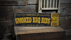 Custom City Smoked BBQ Ribs Sign - Rustic Hand Made Vintage Wood Sign