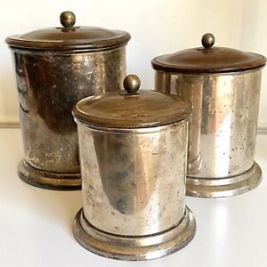 VERY RARE Antique Silver Plate & Hand Carved Wood Canister Set Biscuit Barrel