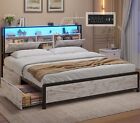 Queen Bed Frame with 4 Drawers, LED Lights & Storage Headboard Washed Oak Grey