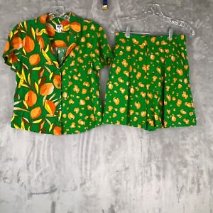 Tabitha Brown XS Button Up Top & Shorts Linen Tropical Green & Orange 2 Pc Set