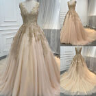 Champagne Wedding Dresses Gold Applique V Neck A-line Bridal Gowns Sweep Train