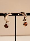 Sterling Silver 925 Moon And Faux Amber Pierced Earrings