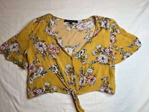 One Clothing Shirt Womens Small Yellow Floral Boho Y2K Blouse Cropped Front Tie
