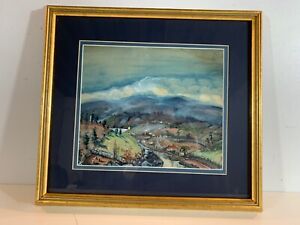 Vintage Water Color Landscape Painting View of Small Town Framed
