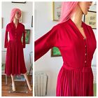 Vtg 40s Red Wool Circle Pleated Skirt Gold Button Swing Belted Party Dress M
