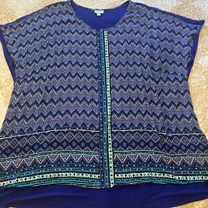 Avenue Women's Plus Size 30/32 Top Blues  Purples Geometric Design Short Sleeve