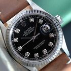 ROLEX MENS DATEJUST  STEEL BLACK DIAMOND DIAL LEATHER BAND 36MM WATCH 1603