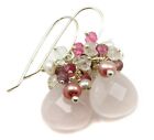 Rose Quartz Earrings Pink Cluster Pearl Teardrops Sterling 14k Yellow Gold Drop