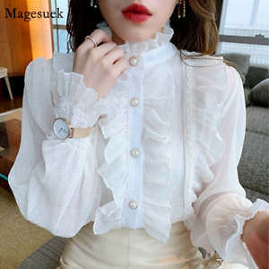 Korean Ruffle Lace Chiffon Shirt Elegant Long Puff Sleeve  Blouse  Stand Collar