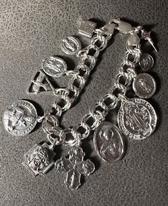 Sterling Silver Catholic Jesus Enamel Religious Vtg Charm Bracelet Jewelry -NR