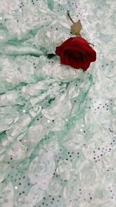 Mint Lace 3d Floral Flowers Fabric By The Yard Sequin on Mesh Roses Satin