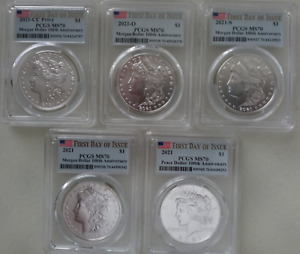2021 MORGAN & PEACE SILVER DOLLAR PCGS MS70 FIRST DAY OF ISSUE FLAG- 5 COIN SET