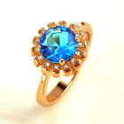 Gold Plated Women Ring Cubic Zirconia Blue Circle Flower Jewelry