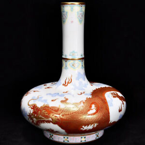 New ListingBeautiful Chinese Hand Painting Vanadium red Porcelain Dragon Flat Vase