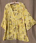 Woman Within Top 1X Yellow Floral Rayon Peasant Shirt Blouse Plus Size 22/24