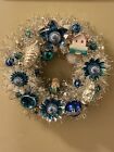 Vintage Mercury Glass Wreath Shiny Brite Ornaments Silver Blue White  13”