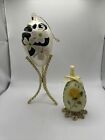 LOT OF 4- Vintage Hand Painted Eggs & Golden Display Stands