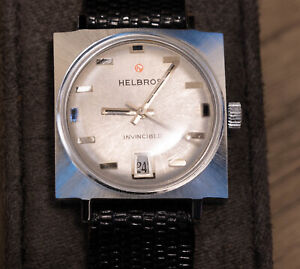 HELBROS Invincible 17 Jewels Black Leather Band Square Vintage Mens Watch