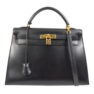 Hermes Black Box Calf Kelly 32 Sellier Handbag □A KK92293