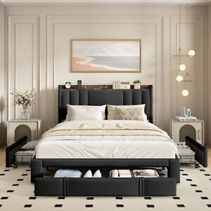 Black PU Full Size Bed with 3 Storage Drawers and Charging Station,Upholstered