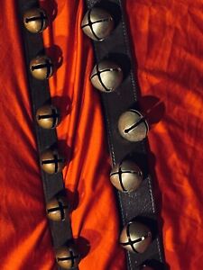Vintage 17 Brass Sleigh Bells On A Leather Belt And Strap With 10 Bells