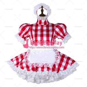 sissy maid red lattice cotton dress lockable white apron Tailor-made