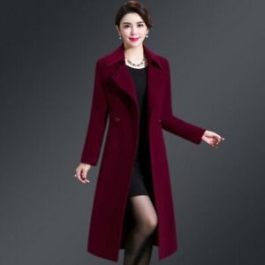Women Cashmere Trench Coat Long Jacket Wool Blend Winter Korean Outwear Slim New
