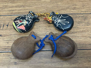 Two Pairs of Vintage Hand Carved & Painted Wood Wooden Spanish Castanets CV JD
