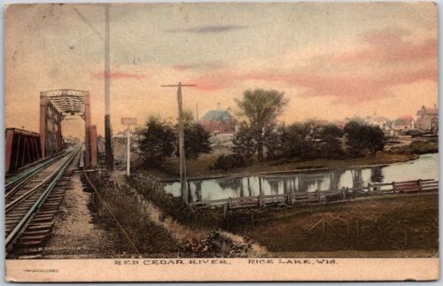 New Listing1911 Red Cedar River Rice Lake Wisconsin WI Rail Road Posted Postcard
