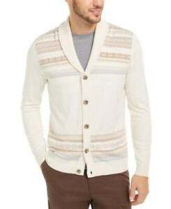 Tasso Elba Mens Geo Stripe Cashmere Blend Cardigan Sweater Knit Cream M