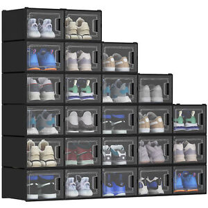 TAUS XL 24pcs Shoe Box Stackable Shoe Storage Organizer Sneaker Container Black