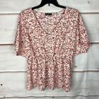 Shein Curve Top Womens 2XL Floral Empire Waist Blouse Pink V-Neck Short Sleeve