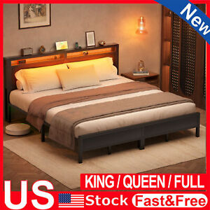 King/Queen/Full Size LED Bed Frame with Storage Headboard Upholstered Platform