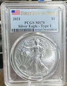 New Listing2021 $1 Type 1 American Silver Eagle PCGS MS70 FDOI Flag Label