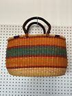 Multicolor Woven Basket Hand Made Leather Wrapped handle Medium