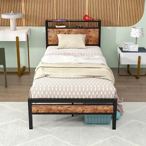 Twin Bed Frame with Storage Headboard/USB Charging Station,Single Platform Be...
