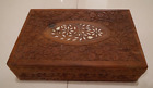 Large Vtg Carved Wood Box MCM Boho India Carved InLay Floral 12