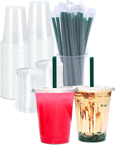 16 oz Clear Plastic Cups with Lids and STRAWS, Disposable Drinking Cups for Cold