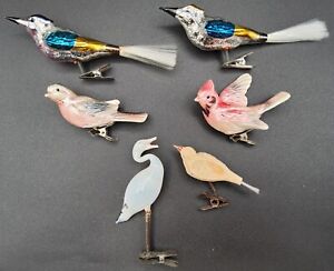6 Vintage Clip On Christmas Ornament Birds & Crane Stork: Enesco, Mercury Glass