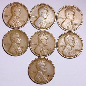 7 Different 1920's Lincoln Wheat Cent Penny LOWEST PRICE ON THE BAY! FREE SHIP
