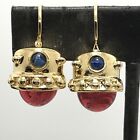 Vintage  Gold tone  Red & Blue Glass Cabochon Dangle Design   Pierced  Earrings