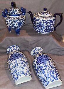 New ListingLot of 4 Asian Blue and White Ceramic Items: 2 wall vases, teapot, lidded jar
